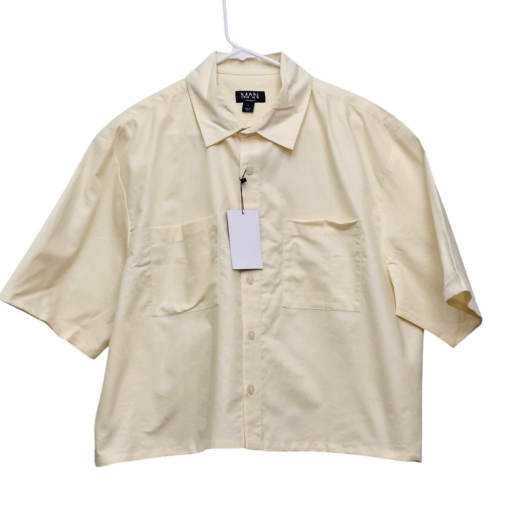 BoohooMAN Oxford Shirt Mens S Yellow Boxy Cropped Short Sleeve Button Up Cotton